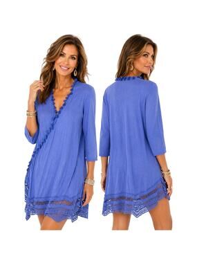 Chico's Blue Linen Blend Tunic Dress Womens M Tassel Trim Crochet Hem Boho
